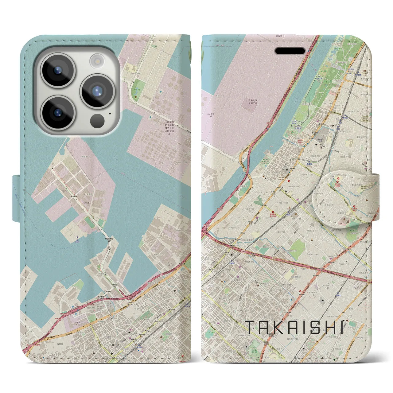 【高石】地図柄iPhoneケース（手帳両面タイプ・ナチュラル）iPhone 15 Pro 用