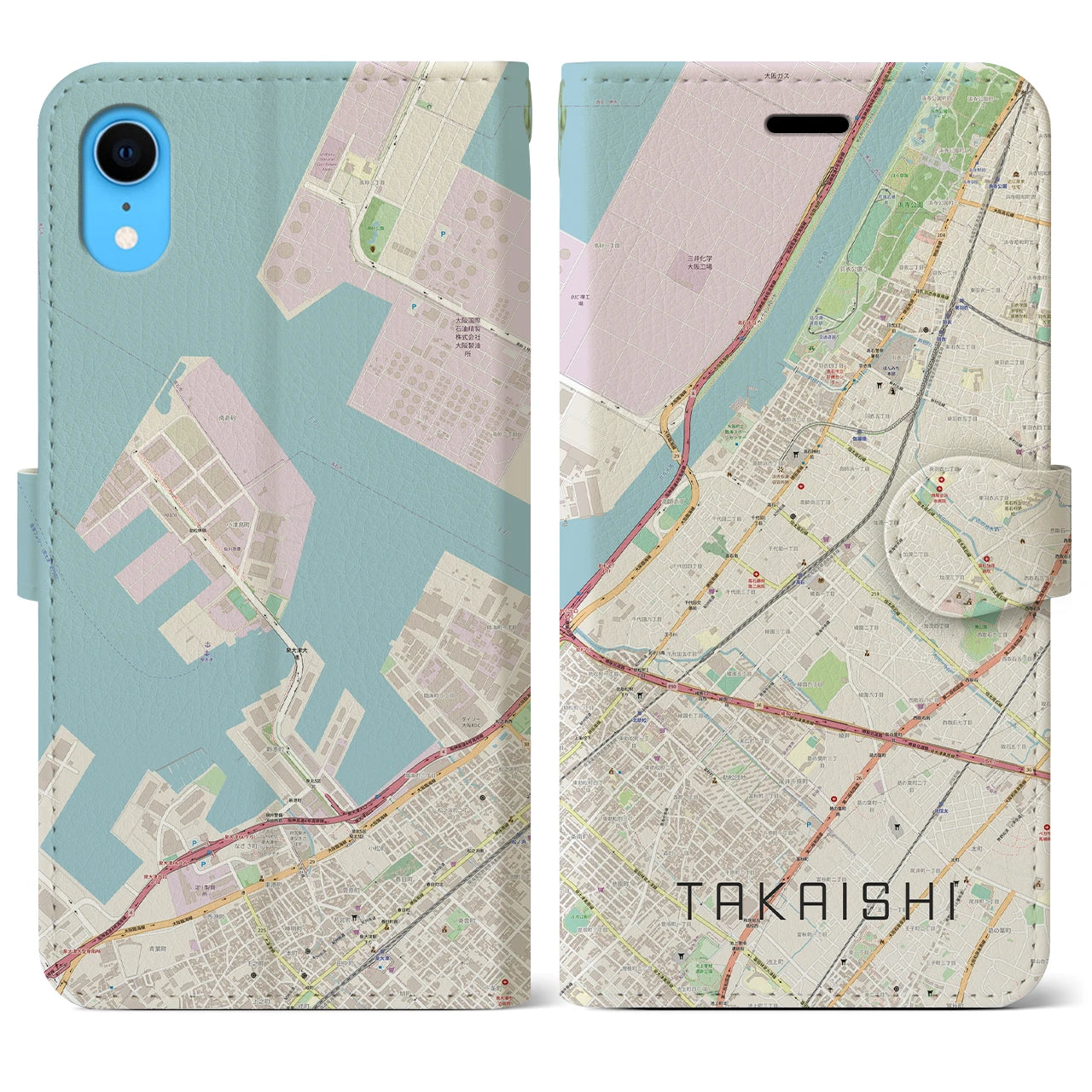 【高石】地図柄iPhoneケース（手帳両面タイプ・ナチュラル）iPhone XR 用