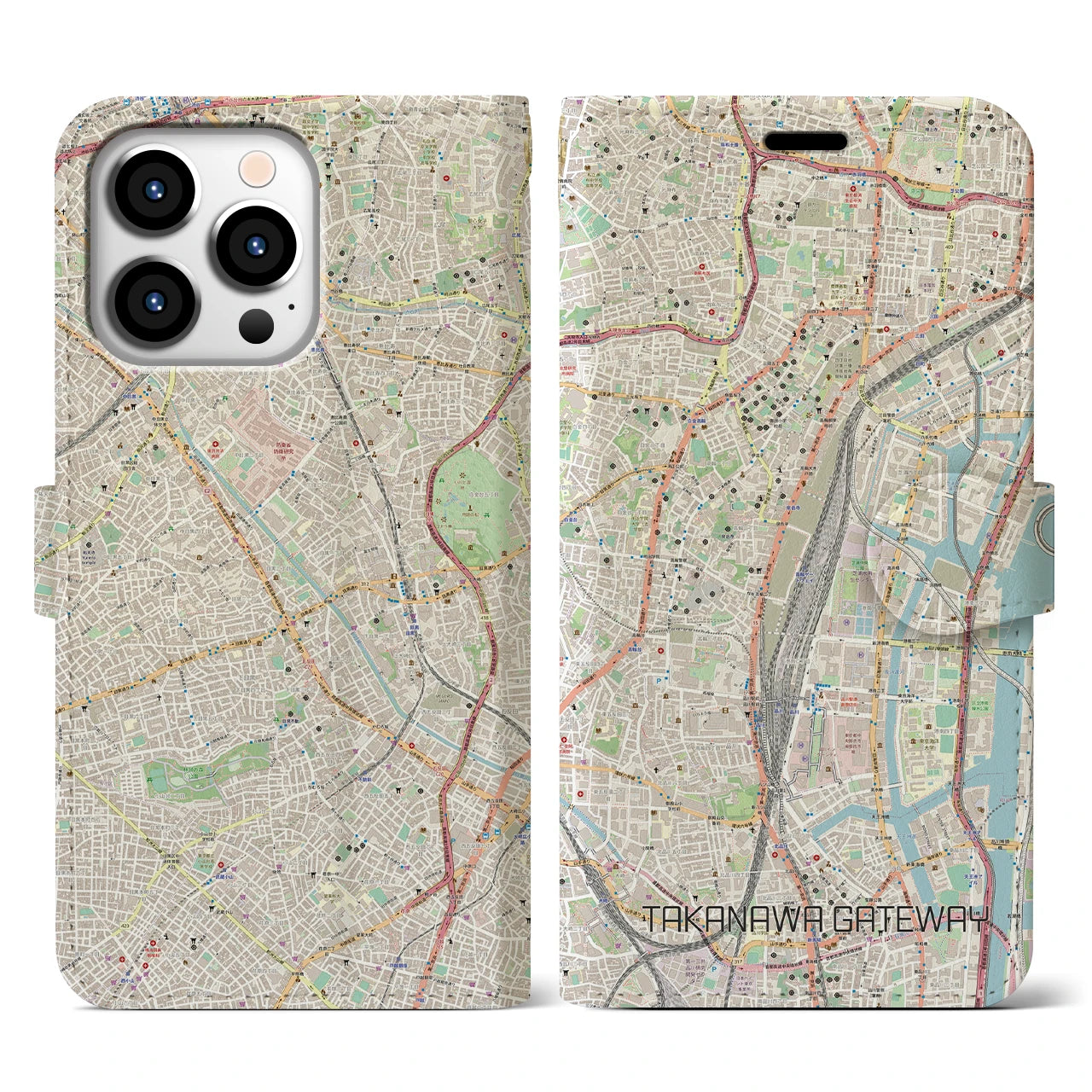 【高輪ゲートウェイ】地図柄iPhoneケース（手帳両面タイプ・ナチュラル）iPhone 13 Pro 用