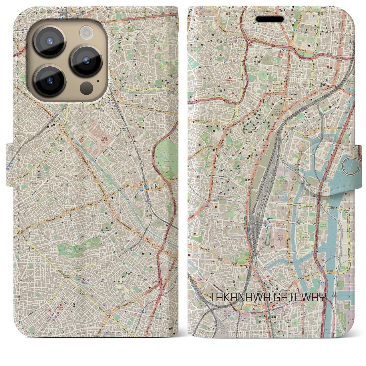 【高輪ゲートウェイ】地図柄iPhoneケース（手帳両面タイプ・ナチュラル）iPhone 14 Pro Max 用