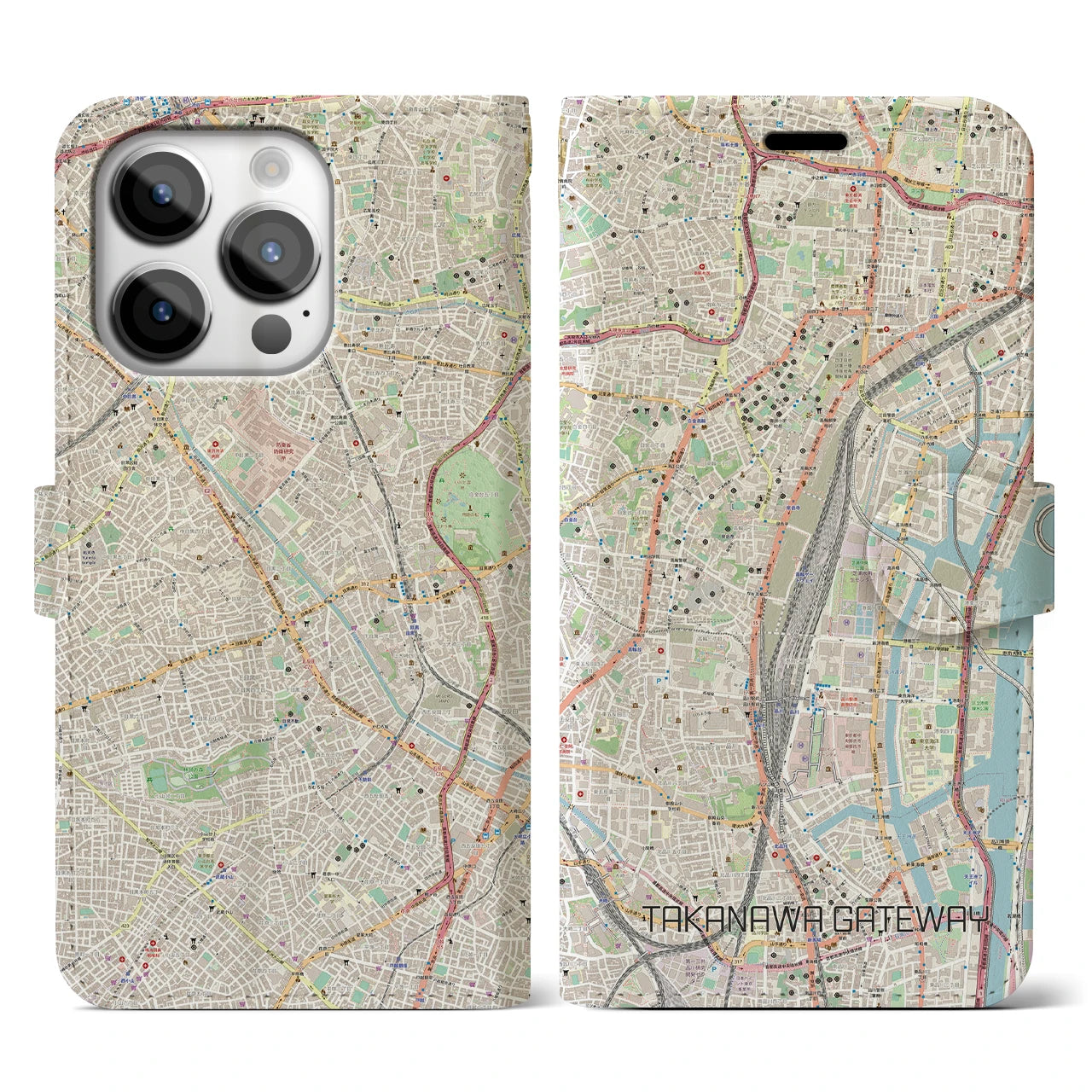 【高輪ゲートウェイ】地図柄iPhoneケース（手帳両面タイプ・ナチュラル）iPhone 14 Pro 用