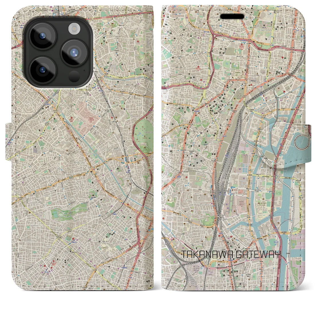 【高輪ゲートウェイ】地図柄iPhoneケース（手帳両面タイプ・ナチュラル）iPhone 15 Pro Max 用