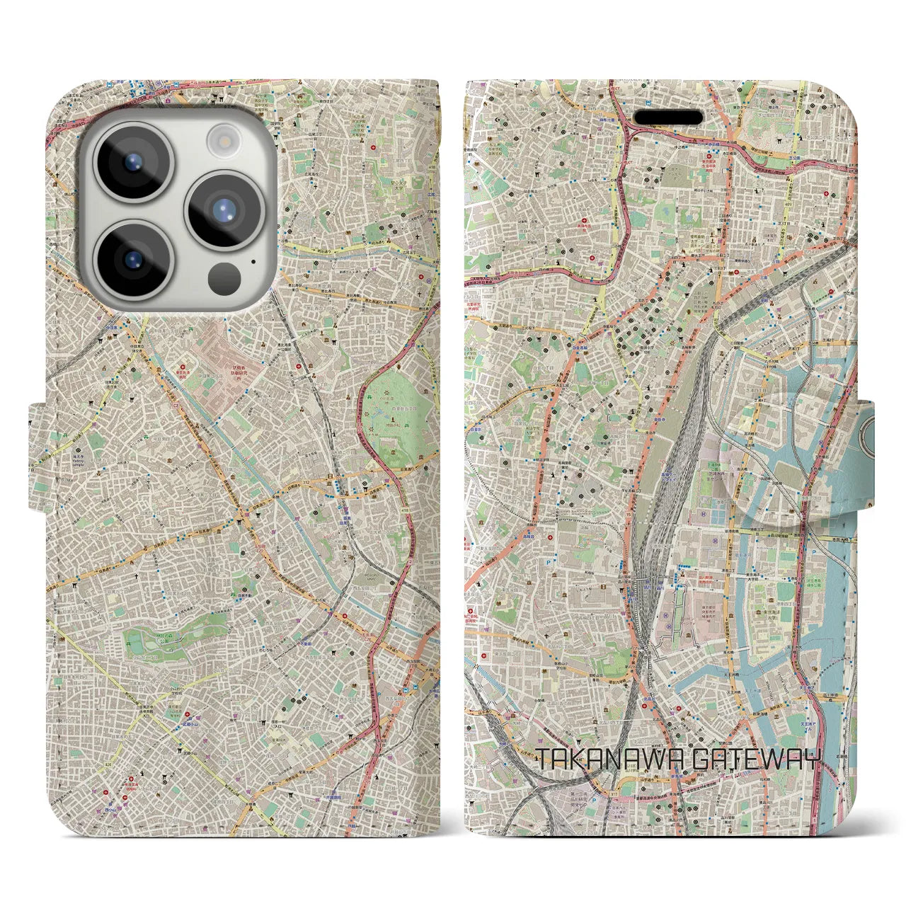 【高輪ゲートウェイ】地図柄iPhoneケース（手帳両面タイプ・ナチュラル）iPhone 15 Pro 用
