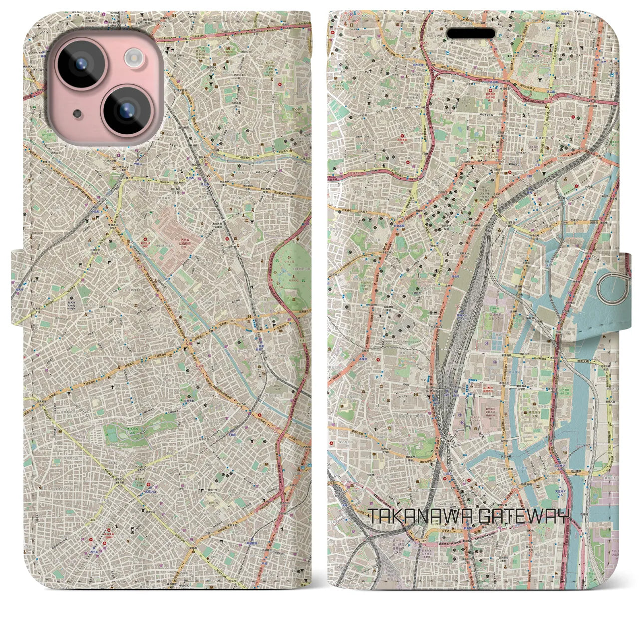 【高輪ゲートウェイ】地図柄iPhoneケース（手帳両面タイプ・ナチュラル）iPhone 15 Plus 用
