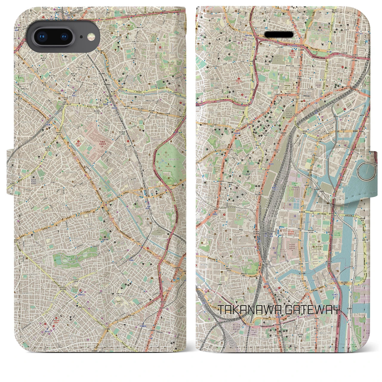 【高輪ゲートウェイ】地図柄iPhoneケース（手帳両面タイプ・ナチュラル）iPhone 8Plus /7Plus / 6sPlus / 6Plus 用