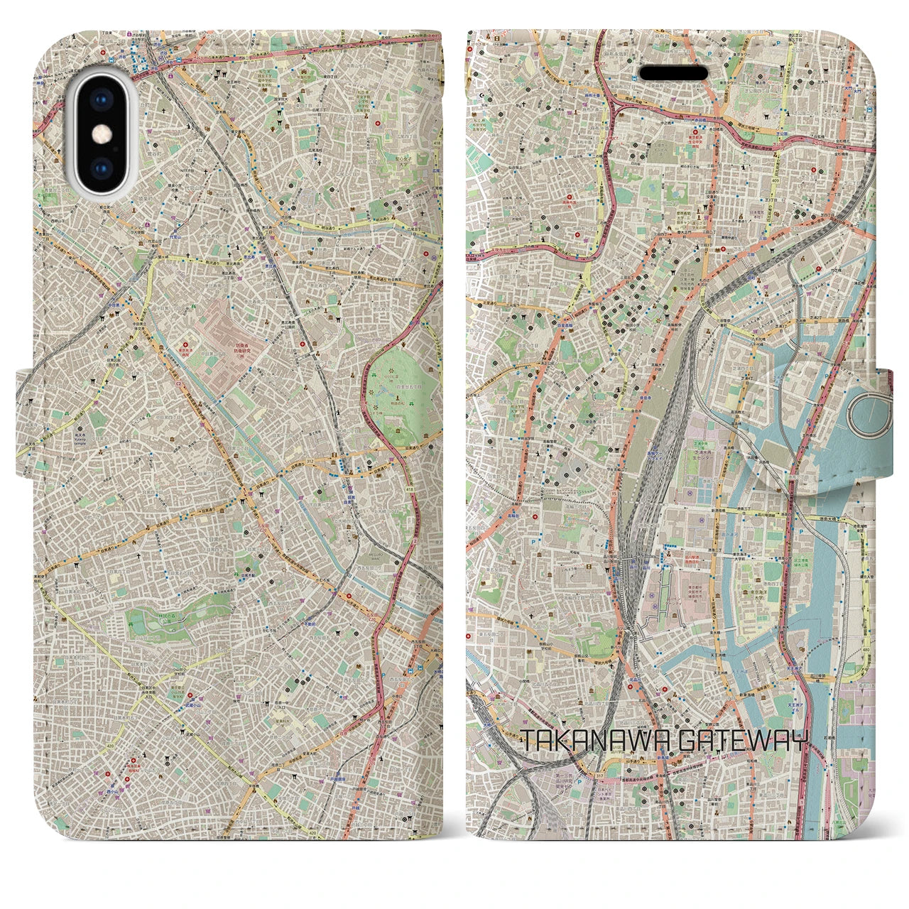 【高輪ゲートウェイ】地図柄iPhoneケース（手帳両面タイプ・ナチュラル）iPhone XS Max 用