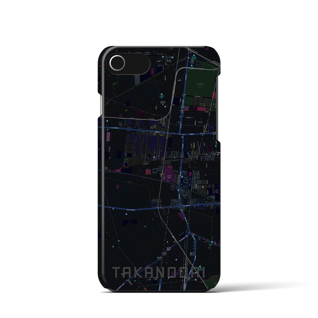 【鷹の台】地図柄iPhoneケース（バックカバータイプ・ブラック）iPhone SE（第3 / 第2世代） / 8 / 7 / 6s / 6 用