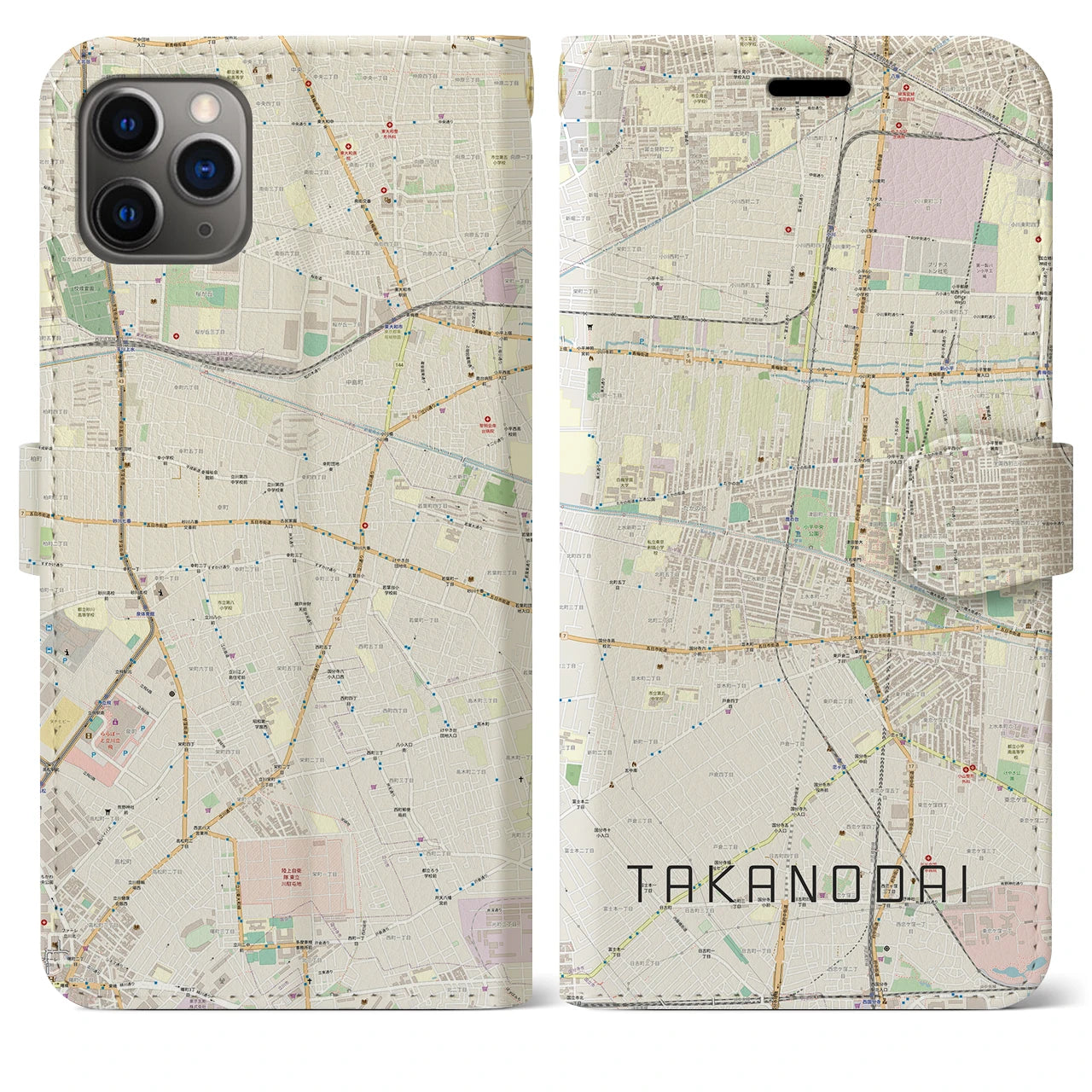 【鷹の台】地図柄iPhoneケース（手帳両面タイプ・ナチュラル）iPhone 11 Pro Max 用