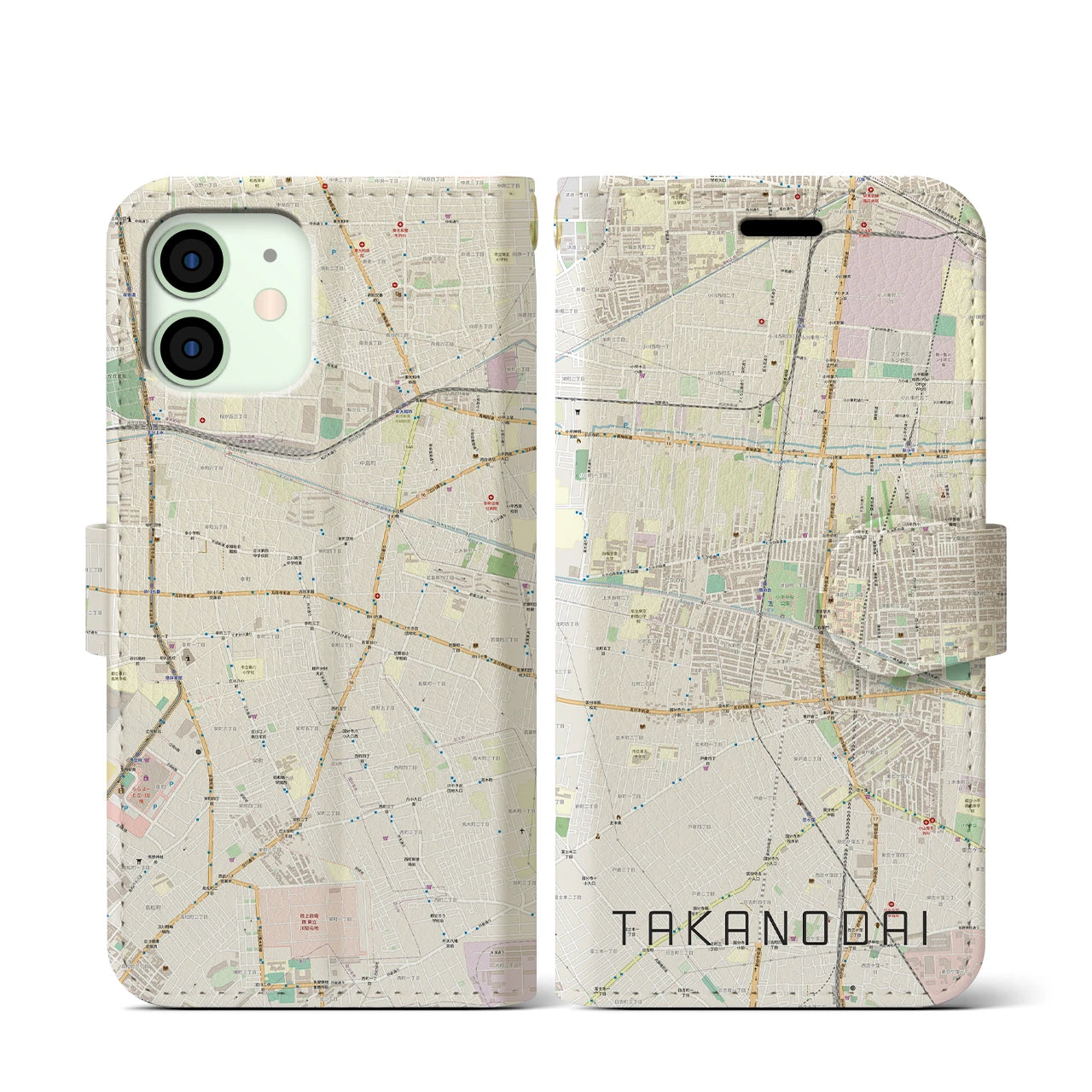 【鷹の台】地図柄iPhoneケース（手帳両面タイプ・ナチュラル）iPhone 12 mini 用