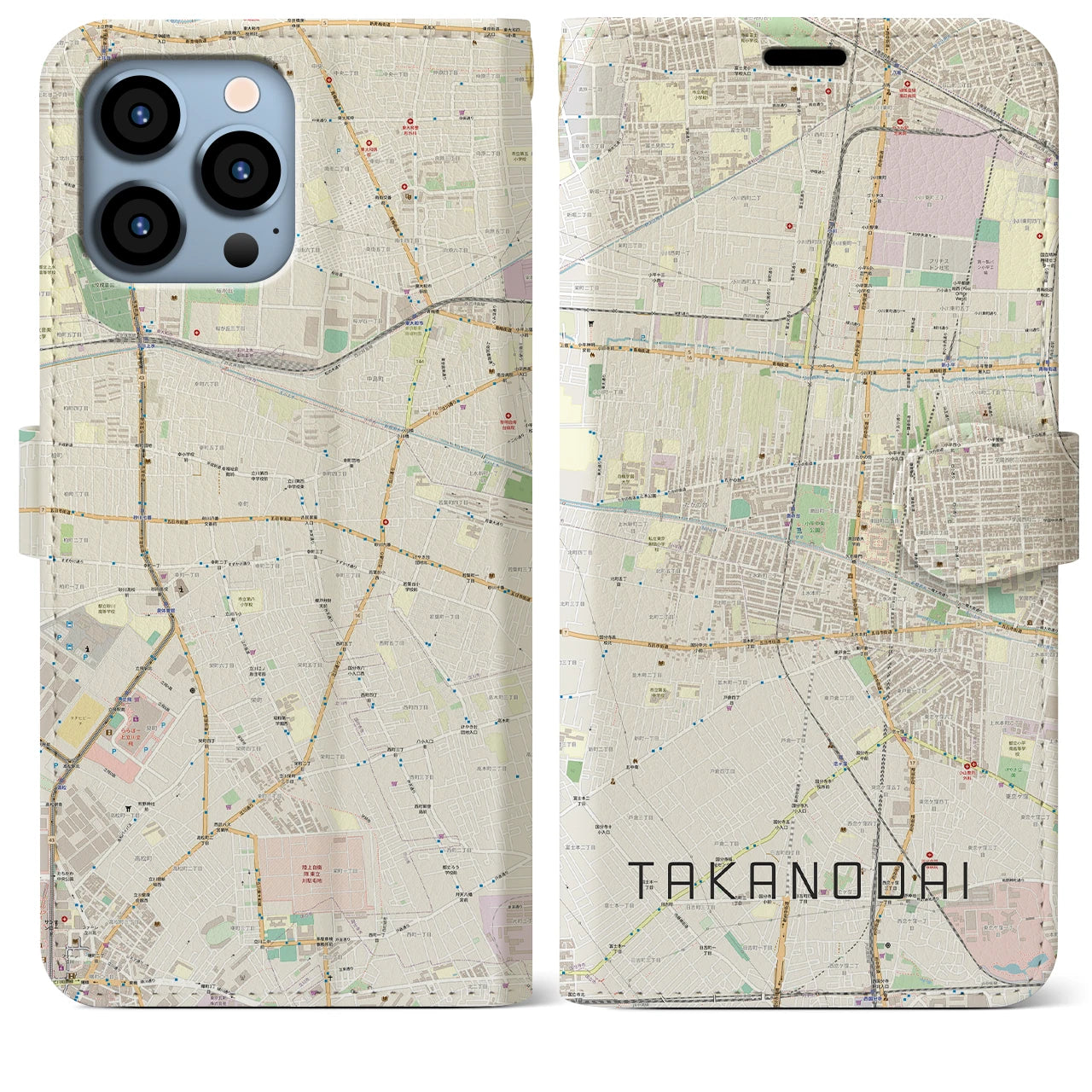 【鷹の台】地図柄iPhoneケース（手帳両面タイプ・ナチュラル）iPhone 13 Pro Max 用