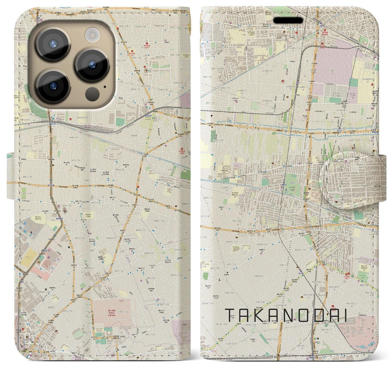 【鷹の台】地図柄iPhoneケース（手帳両面タイプ・ナチュラル）iPhone 14 Pro Max 用