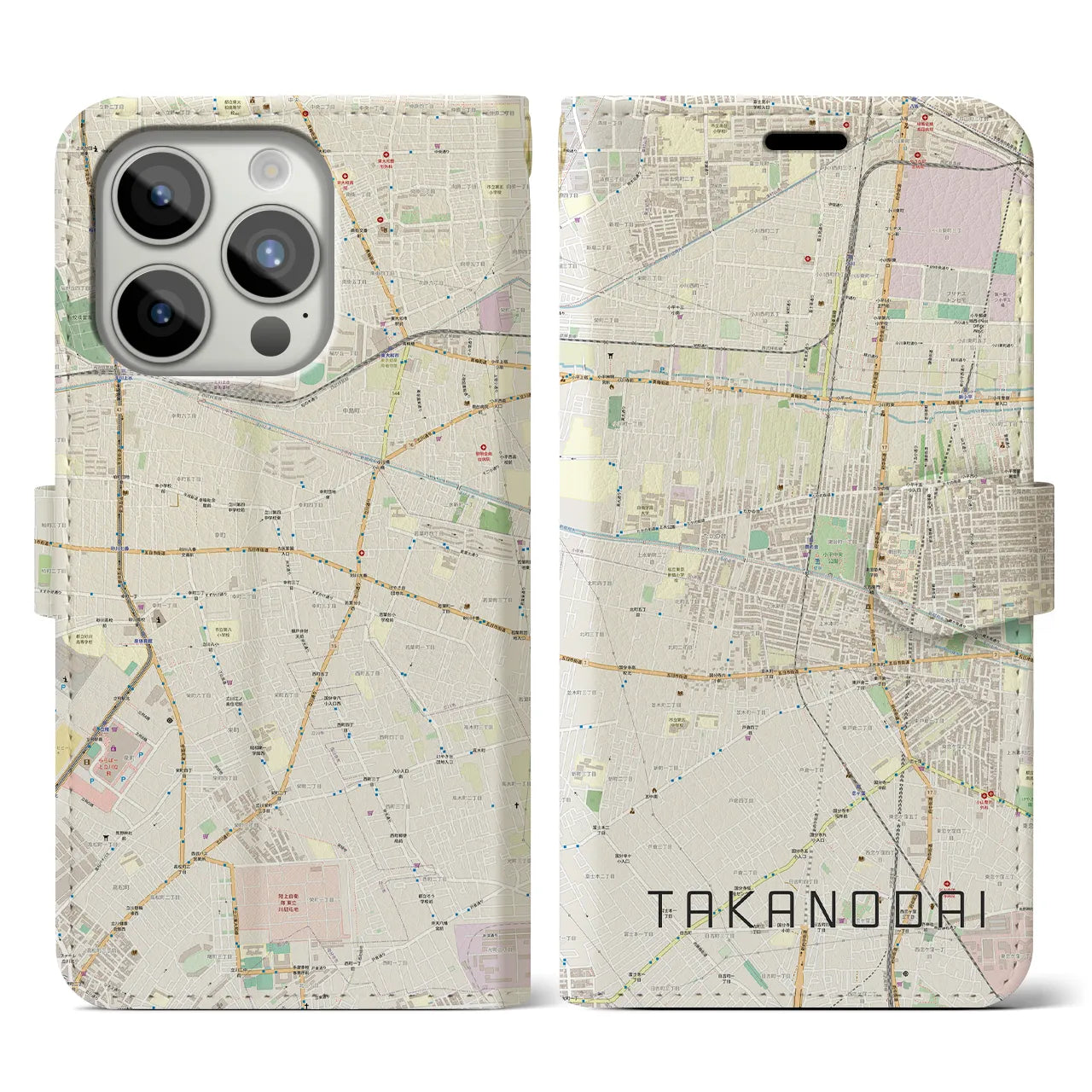 【鷹の台】地図柄iPhoneケース（手帳両面タイプ・ナチュラル）iPhone 15 Pro 用