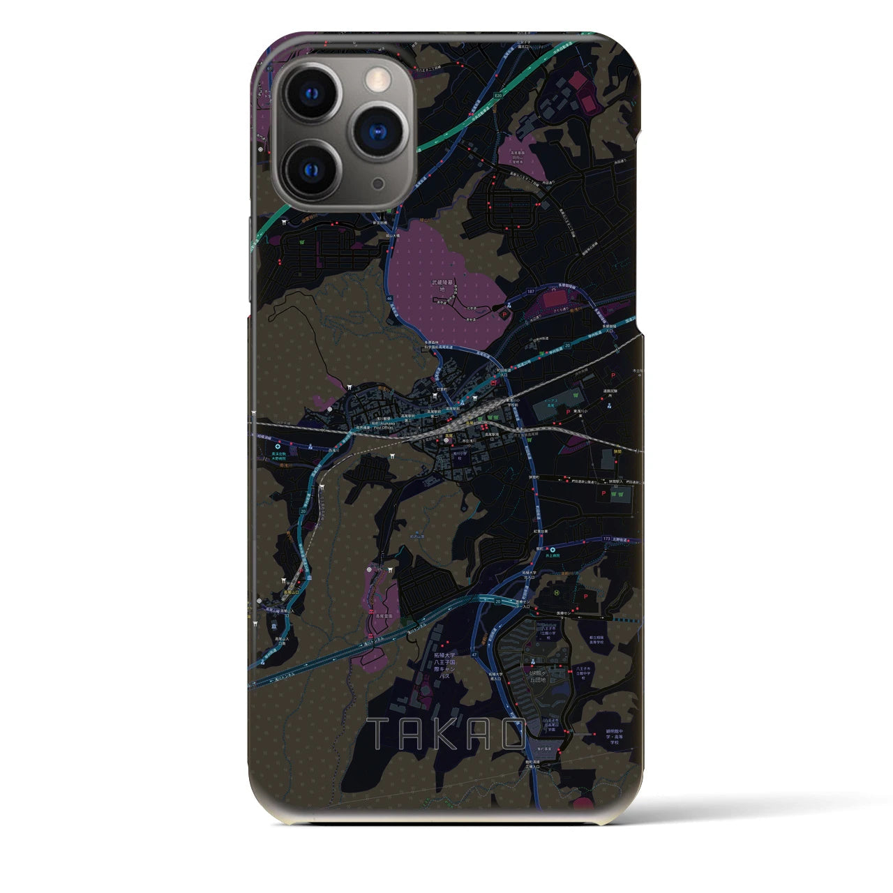【高尾】地図柄iPhoneケース（バックカバータイプ・ブラック）iPhone 11 Pro Max 用