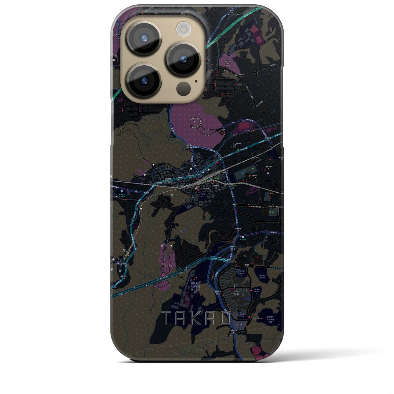 【高尾】地図柄iPhoneケース（バックカバータイプ・ブラック）iPhone 14 Pro Max 用