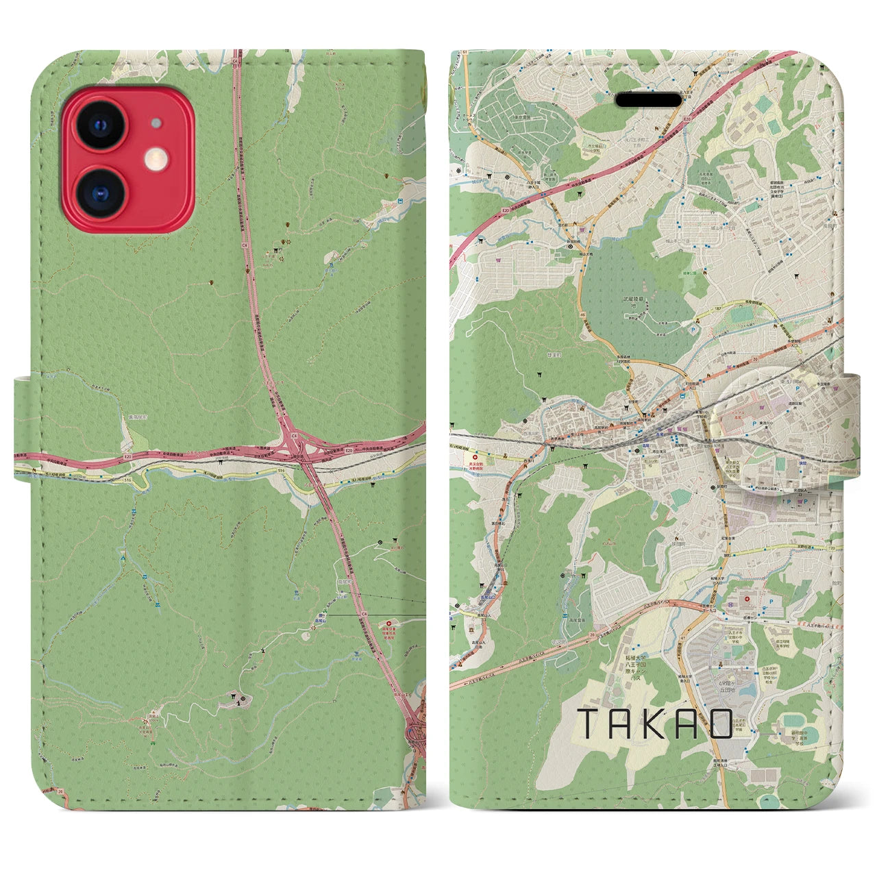 【高尾】地図柄iPhoneケース（手帳両面タイプ・ナチュラル）iPhone 11 用