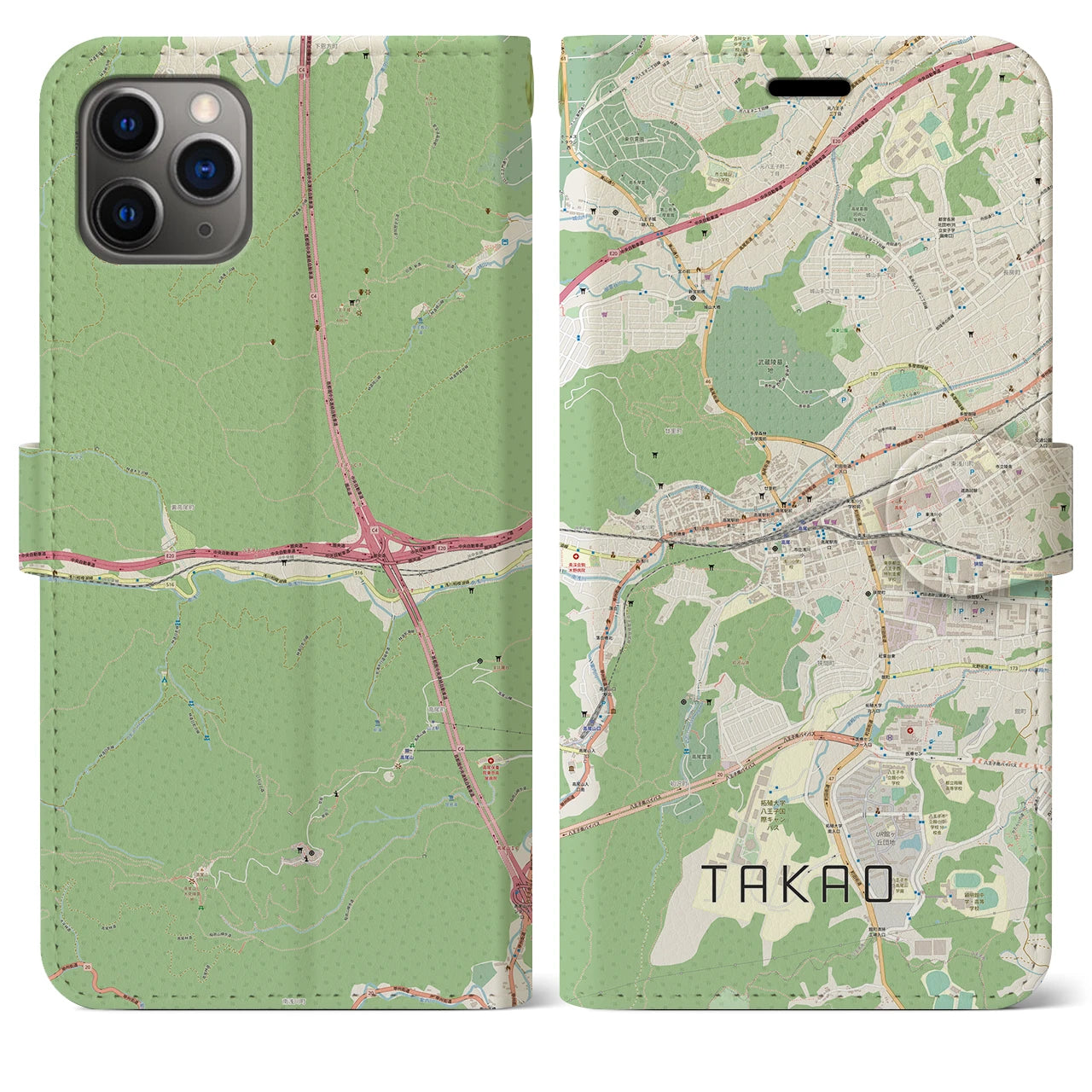 【高尾】地図柄iPhoneケース（手帳両面タイプ・ナチュラル）iPhone 11 Pro Max 用