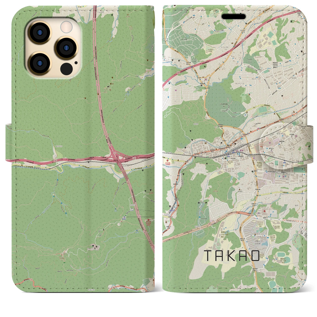 【高尾】地図柄iPhoneケース（手帳両面タイプ・ナチュラル）iPhone 12 Pro Max 用