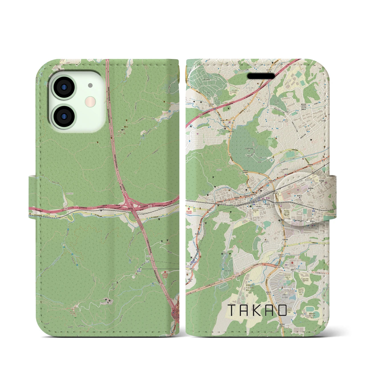 【高尾】地図柄iPhoneケース（手帳両面タイプ・ナチュラル）iPhone 12 mini 用
