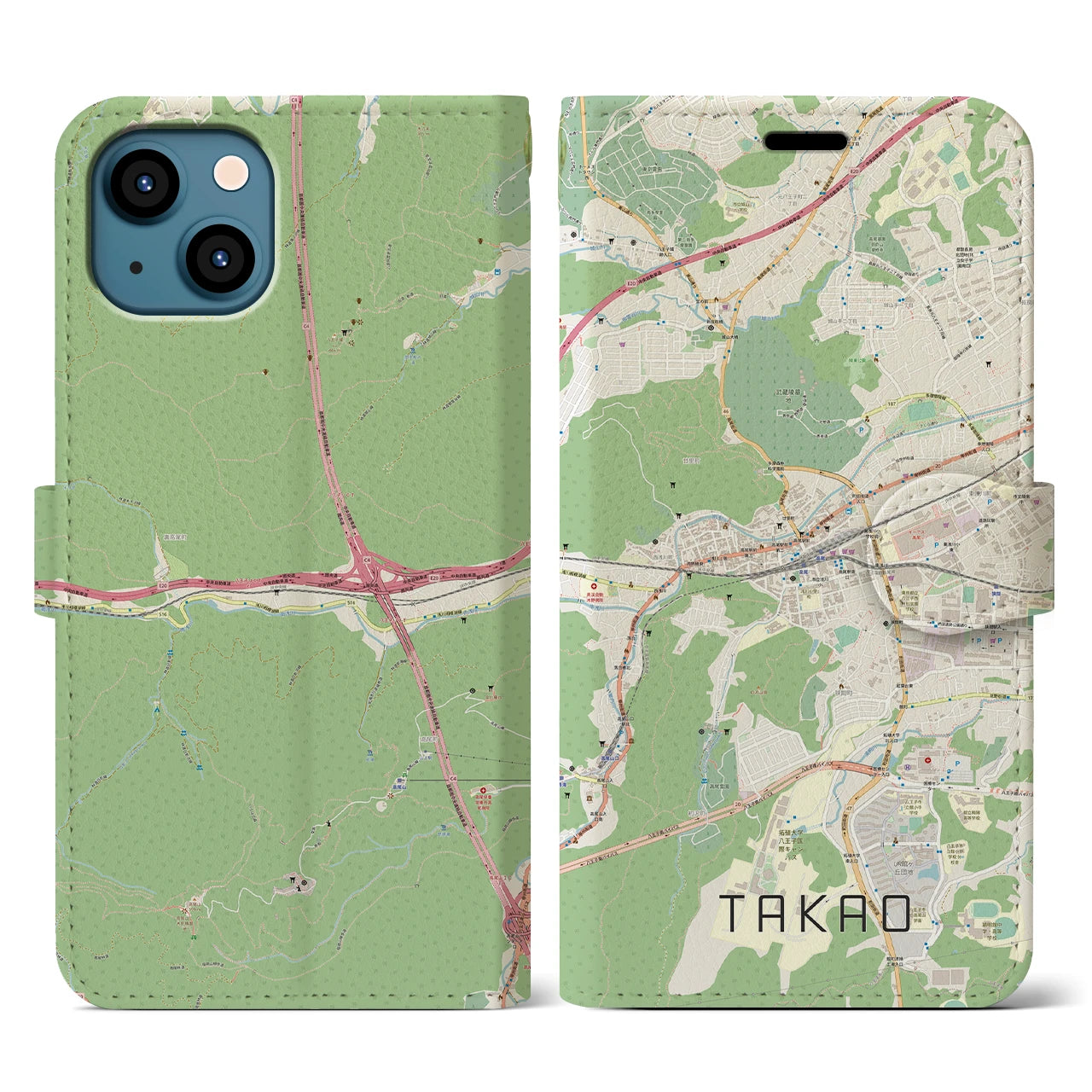 【高尾】地図柄iPhoneケース（手帳両面タイプ・ナチュラル）iPhone 13 用