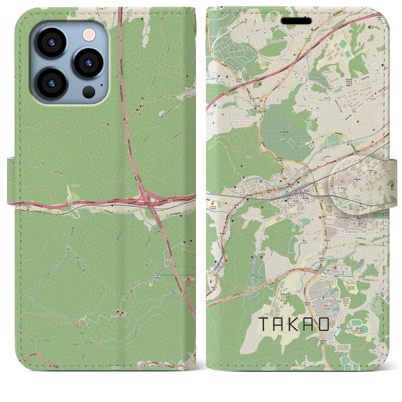 【高尾】地図柄iPhoneケース（手帳両面タイプ・ナチュラル）iPhone 13 Pro Max 用
