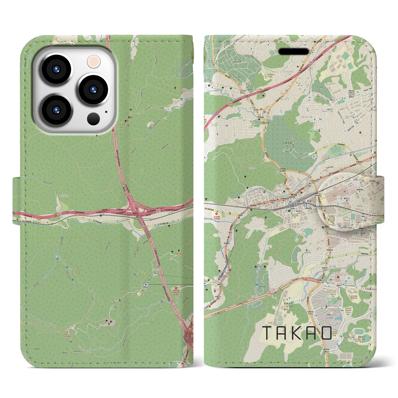【高尾】地図柄iPhoneケース（手帳両面タイプ・ナチュラル）iPhone 13 Pro 用