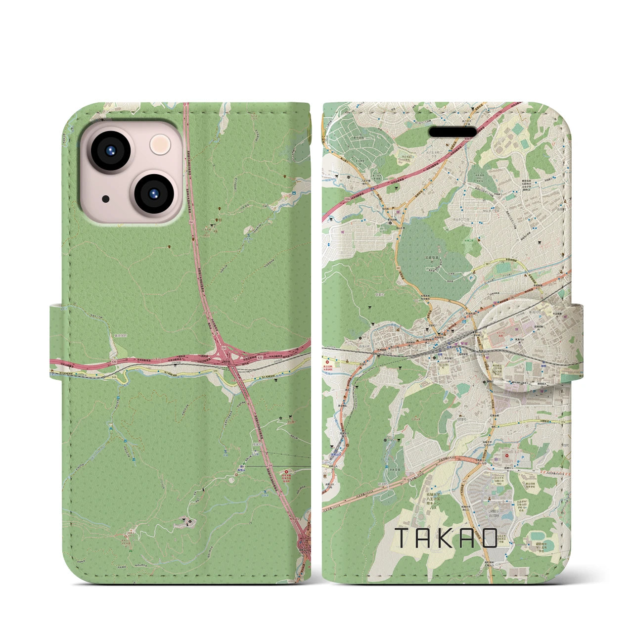 【高尾】地図柄iPhoneケース（手帳両面タイプ・ナチュラル）iPhone 13 mini 用