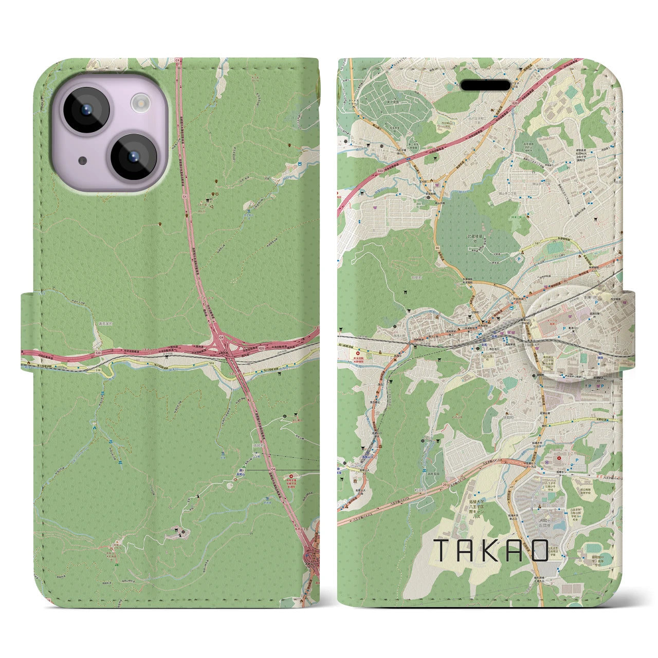 【高尾】地図柄iPhoneケース（手帳両面タイプ・ナチュラル）iPhone 14 用