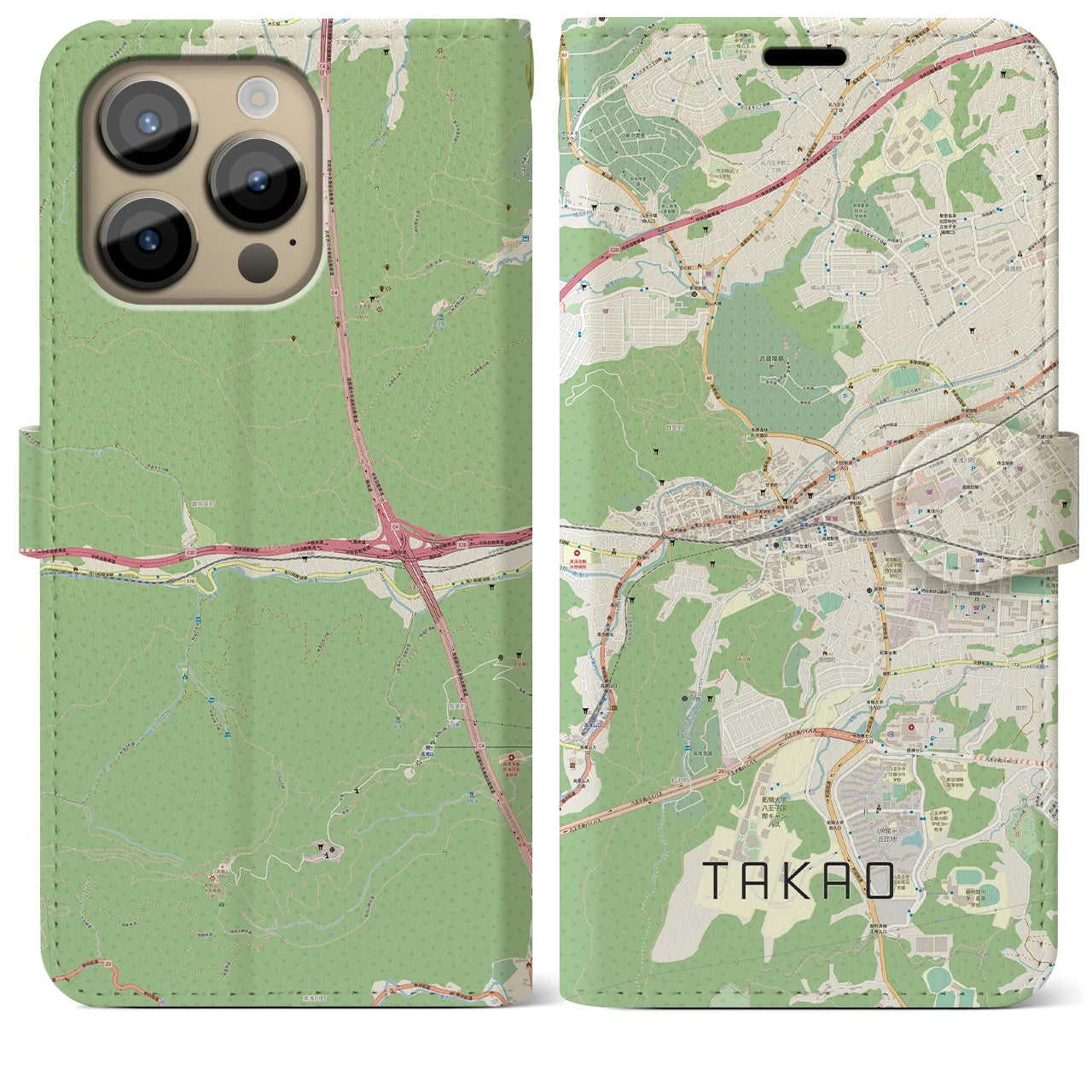 【高尾】地図柄iPhoneケース（手帳両面タイプ・ナチュラル）iPhone 14 Pro Max 用