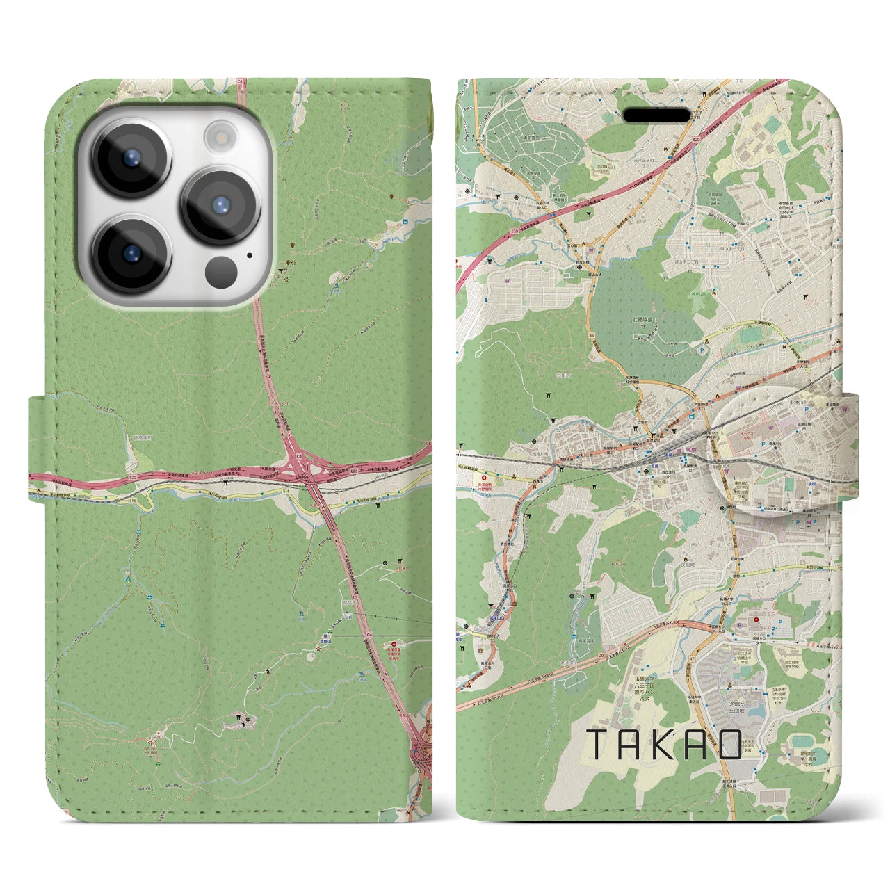 【高尾】地図柄iPhoneケース（手帳両面タイプ・ナチュラル）iPhone 14 Pro 用