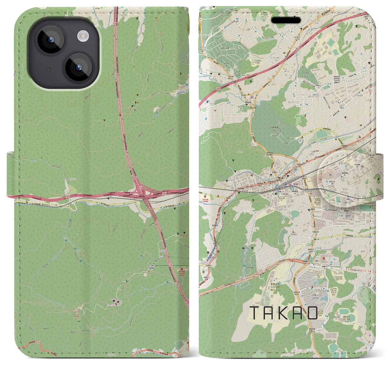 【高尾】地図柄iPhoneケース（手帳両面タイプ・ナチュラル）iPhone 14 Plus 用