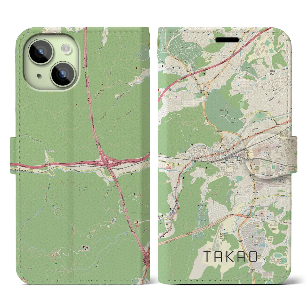 【高尾】地図柄iPhoneケース（手帳両面タイプ・ナチュラル）iPhone 15 用
