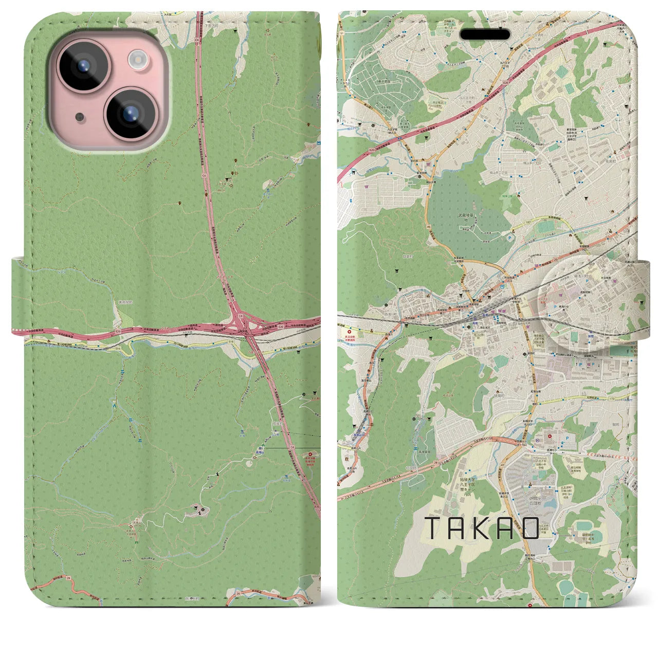 【高尾】地図柄iPhoneケース（手帳両面タイプ・ナチュラル）iPhone 15 Plus 用