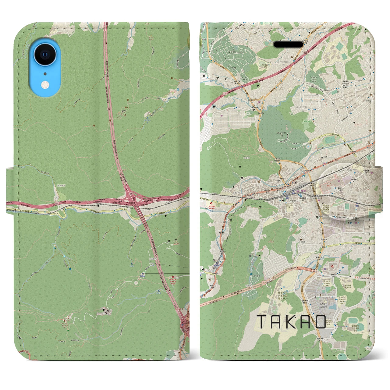【高尾】地図柄iPhoneケース（手帳両面タイプ・ナチュラル）iPhone XR 用