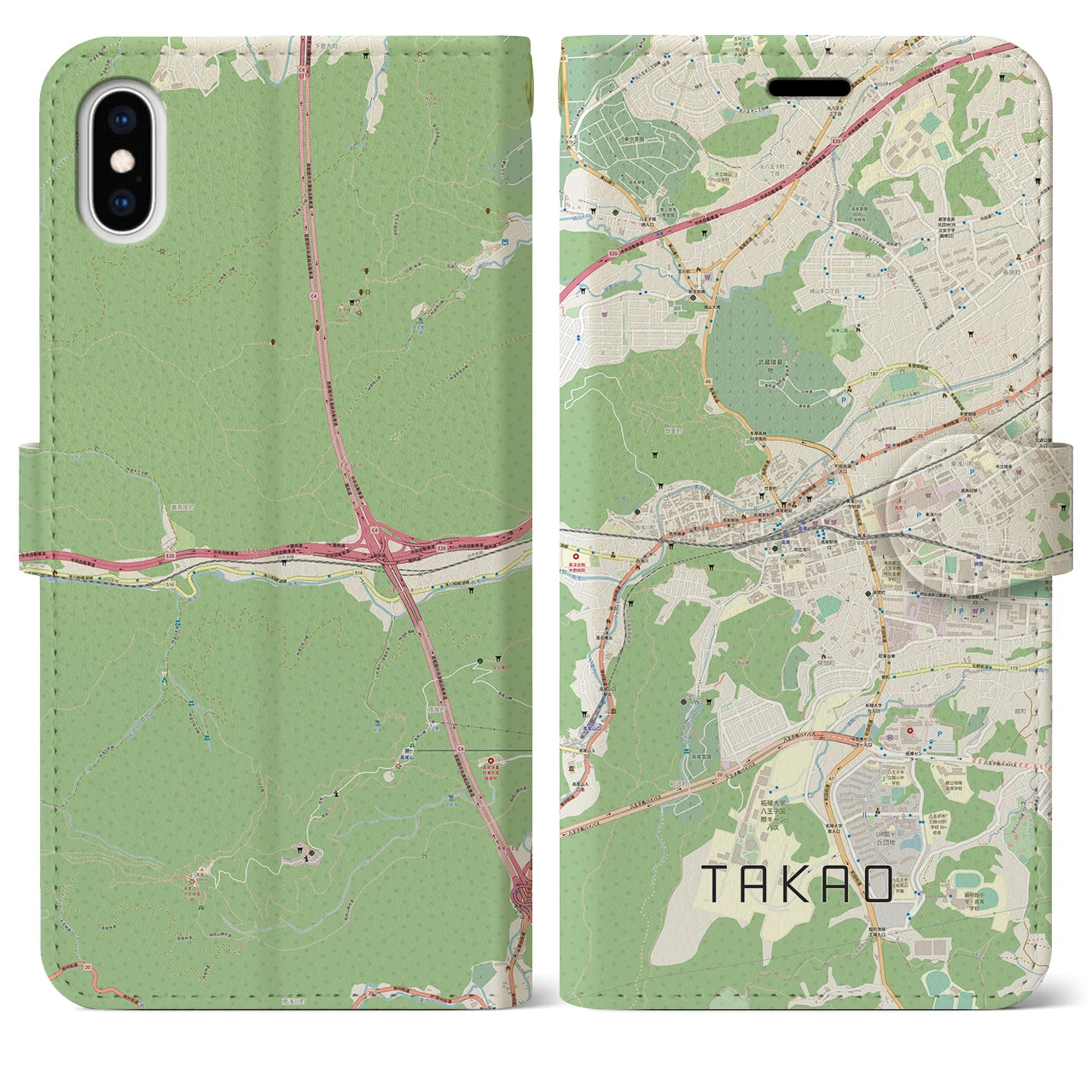 【高尾】地図柄iPhoneケース（手帳両面タイプ・ナチュラル）iPhone XS Max 用