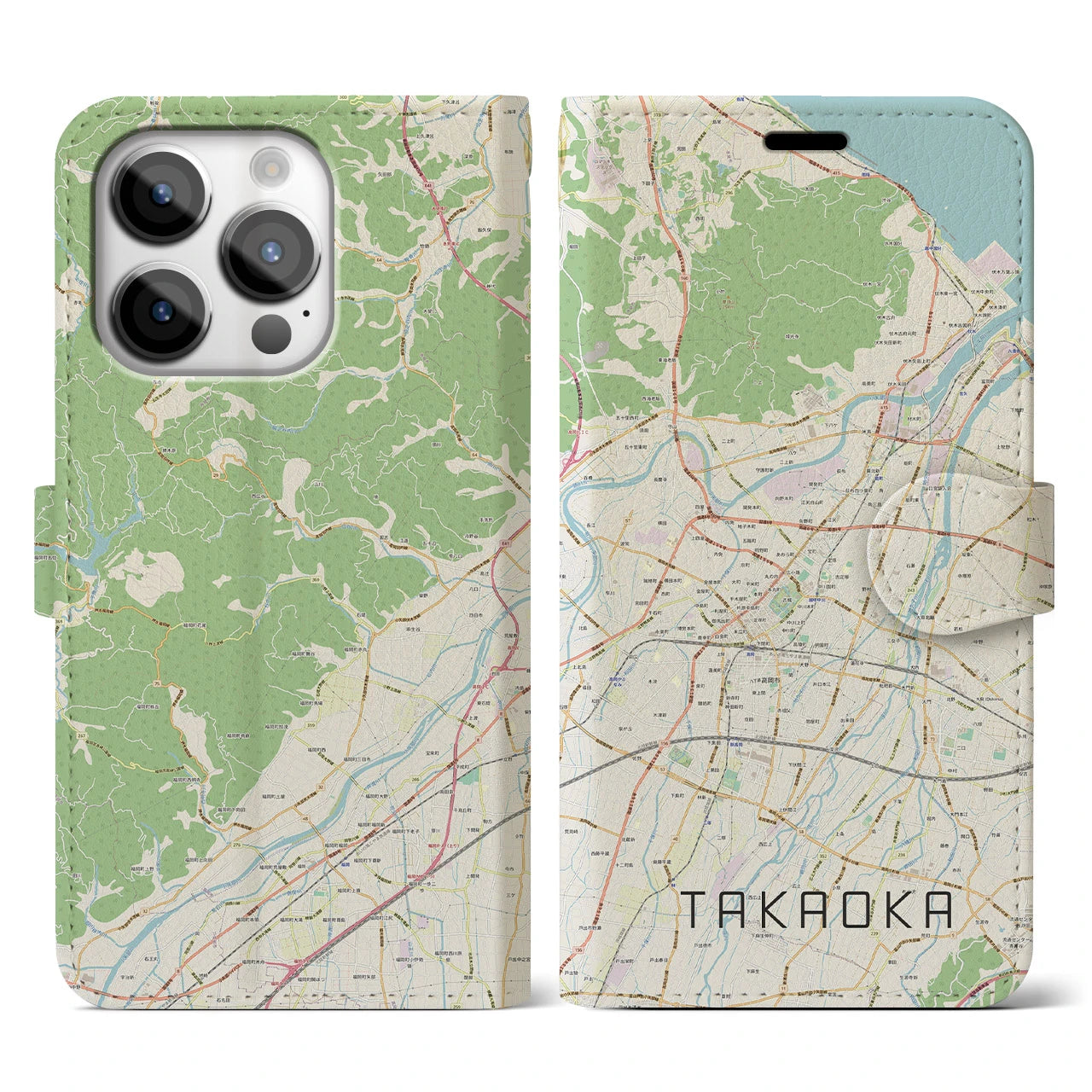 【高岡】地図柄iPhoneケース（手帳両面タイプ・ナチュラル）iPhone 14 Pro 用