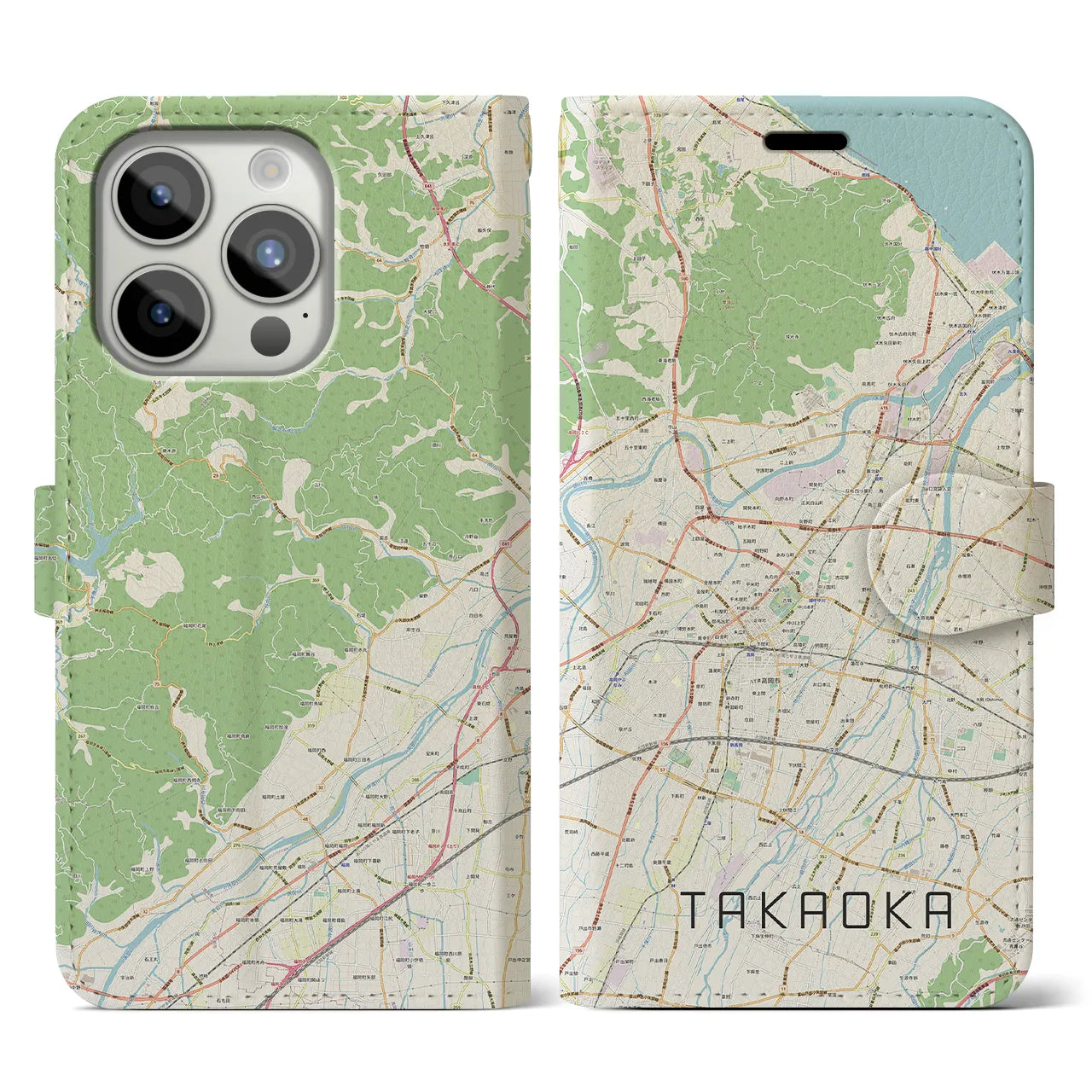 【高岡】地図柄iPhoneケース（手帳両面タイプ・ナチュラル）iPhone 15 Pro 用