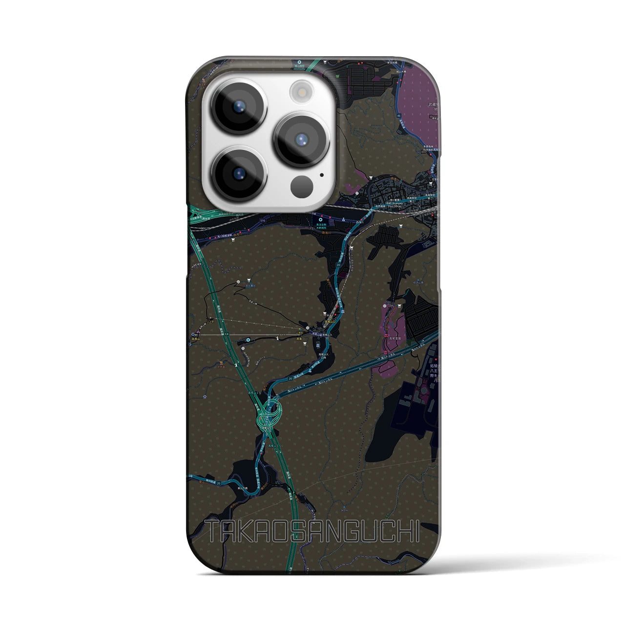 【高尾山口】地図柄iPhoneケース（バックカバータイプ・ブラック）iPhone 14 Pro 用