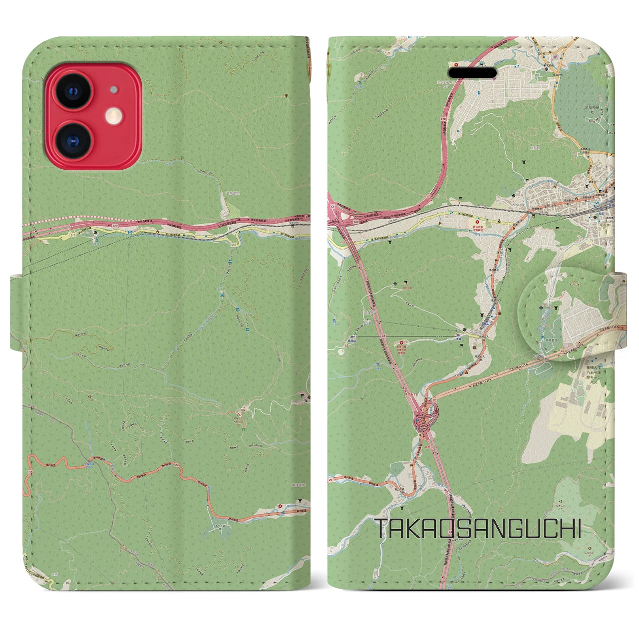 【高尾山口】地図柄iPhoneケース（手帳両面タイプ・ナチュラル）iPhone 11 用