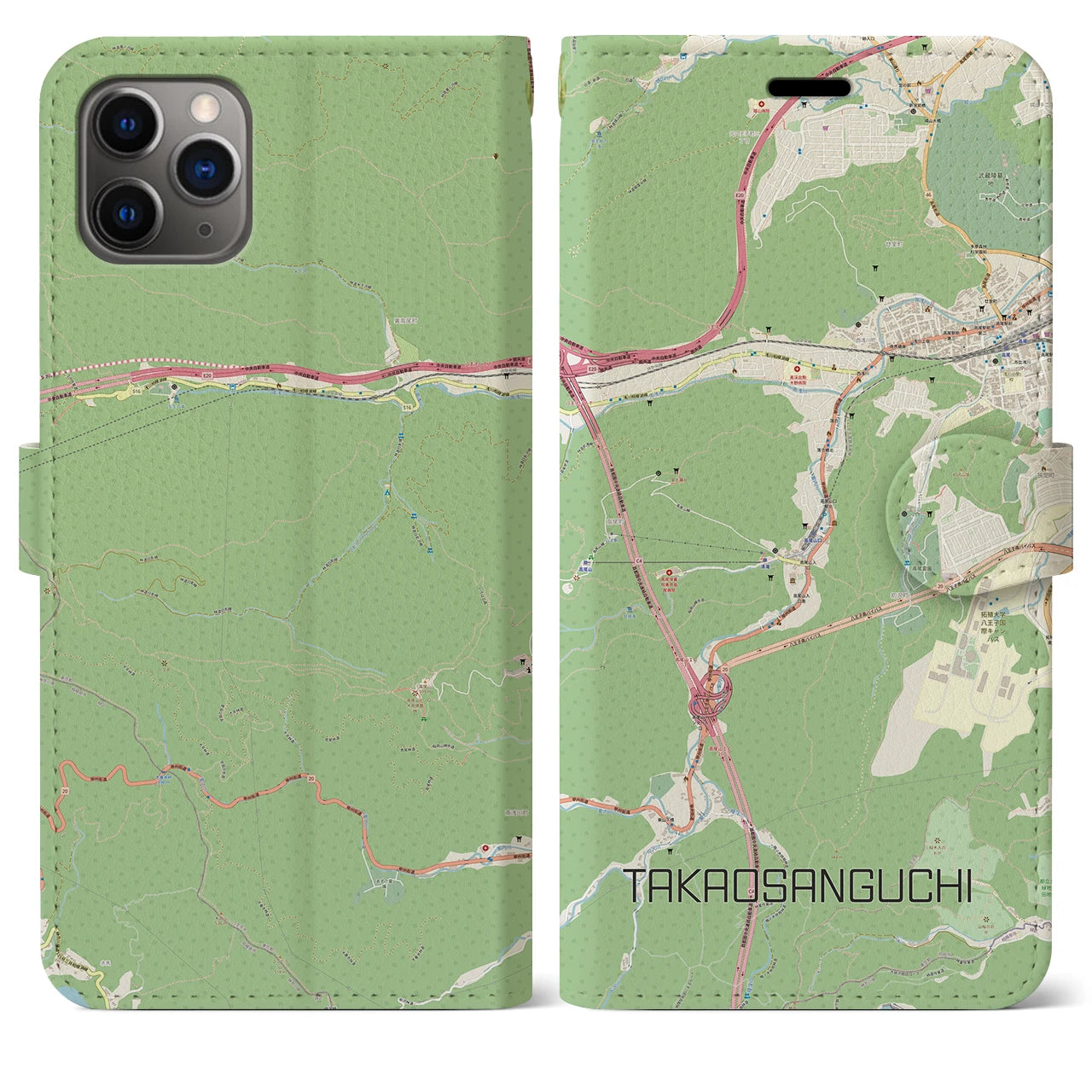 【高尾山口】地図柄iPhoneケース（手帳両面タイプ・ナチュラル）iPhone 11 Pro Max 用