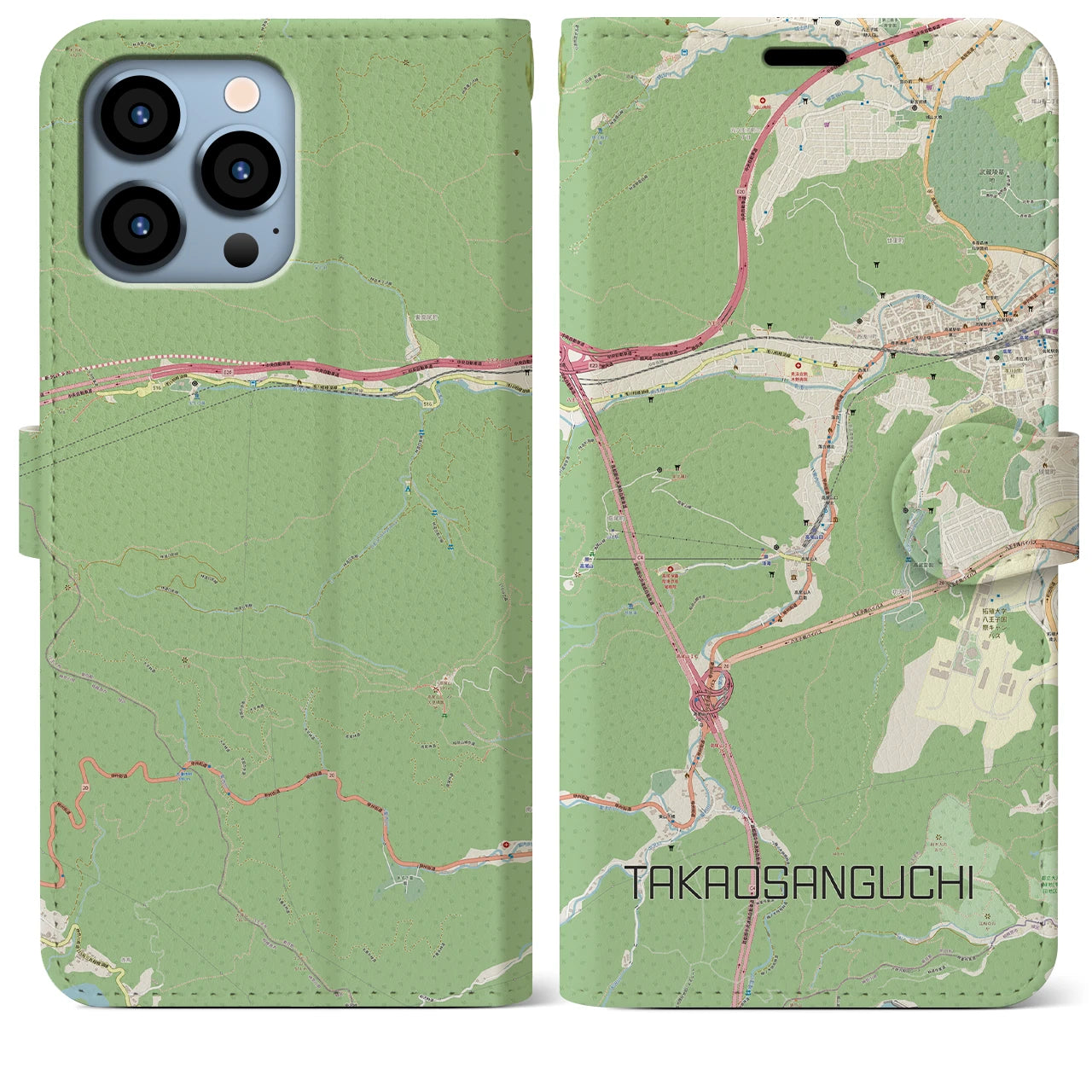 【高尾山口】地図柄iPhoneケース（手帳両面タイプ・ナチュラル）iPhone 13 Pro Max 用