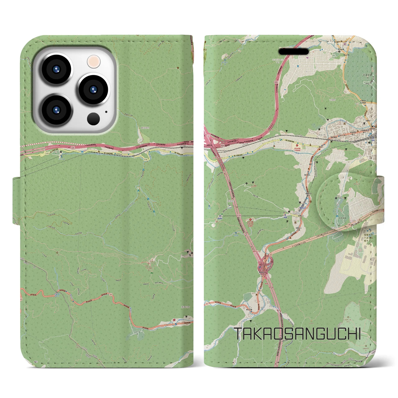 【高尾山口】地図柄iPhoneケース（手帳両面タイプ・ナチュラル）iPhone 13 Pro 用