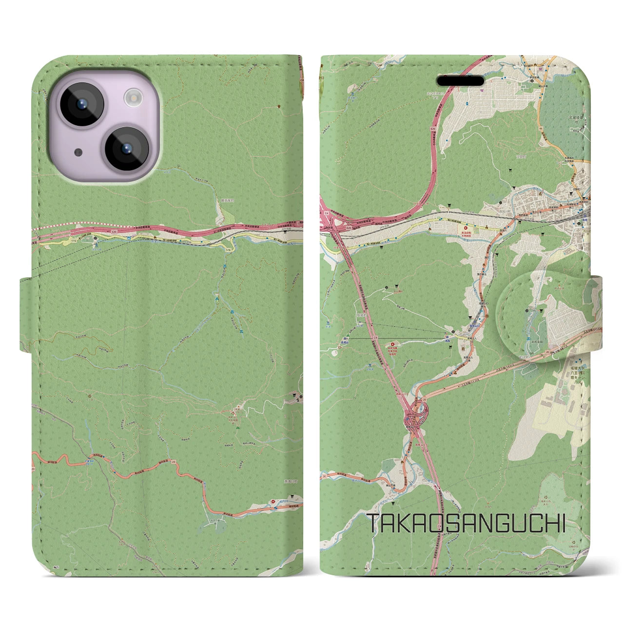 【高尾山口】地図柄iPhoneケース（手帳両面タイプ・ナチュラル）iPhone 14 用