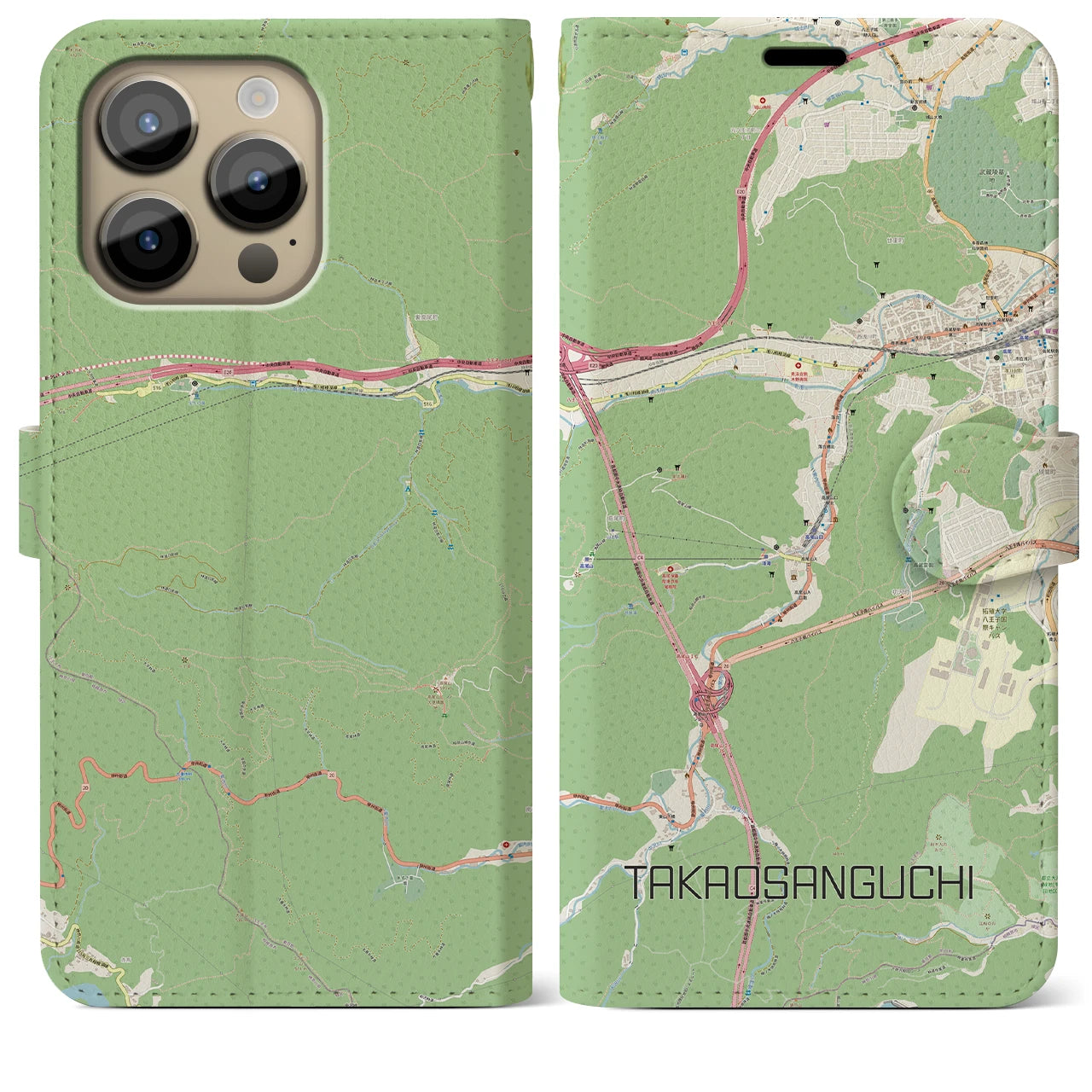 【高尾山口】地図柄iPhoneケース（手帳両面タイプ・ナチュラル）iPhone 14 Pro Max 用