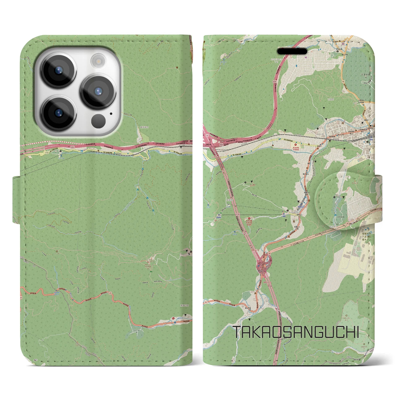 【高尾山口】地図柄iPhoneケース（手帳両面タイプ・ナチュラル）iPhone 14 Pro 用