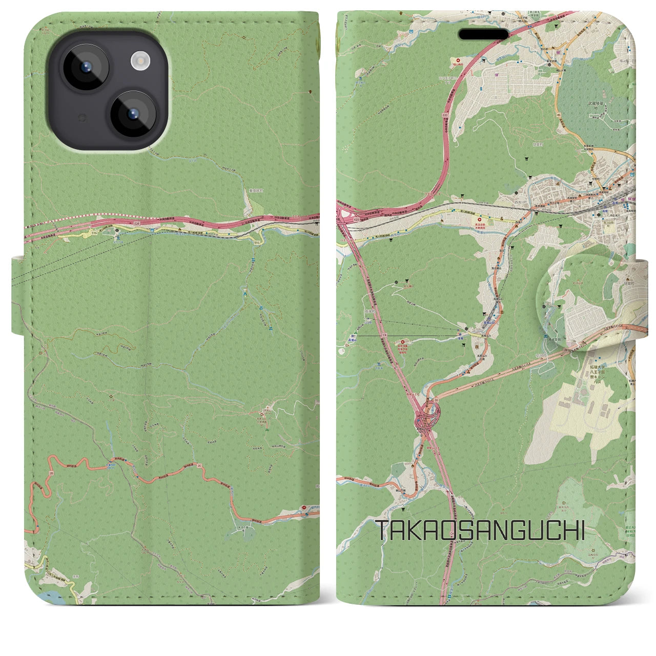 【高尾山口】地図柄iPhoneケース（手帳両面タイプ・ナチュラル）iPhone 14 Plus 用