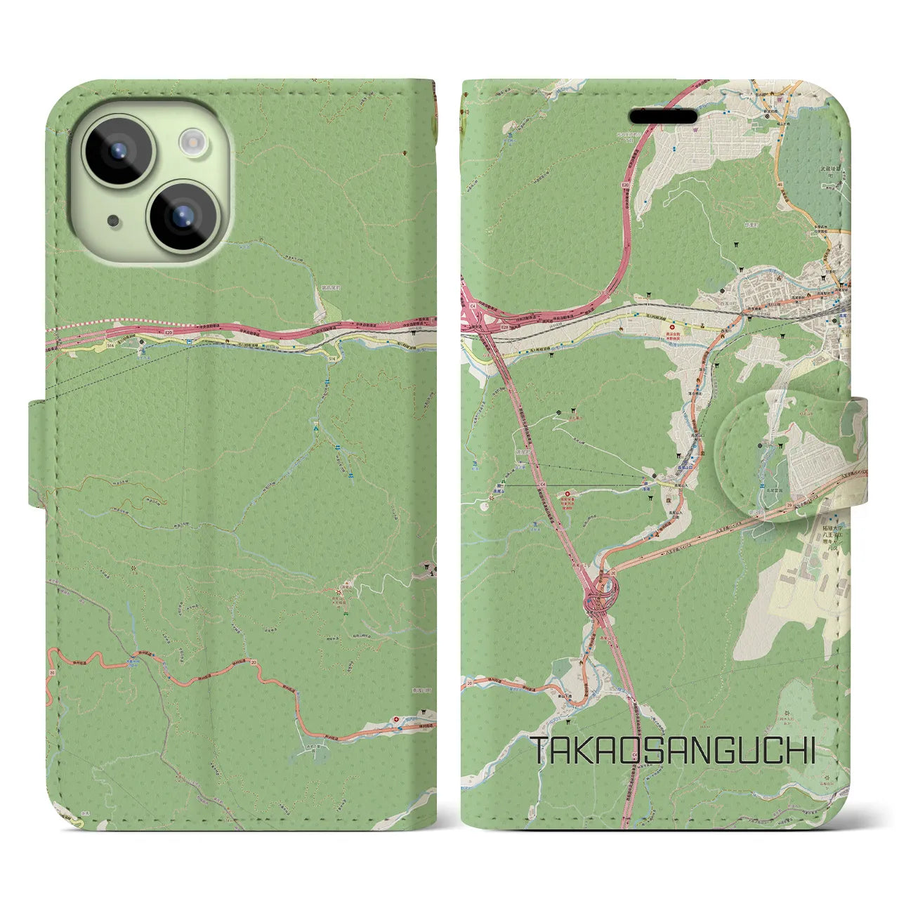 【高尾山口】地図柄iPhoneケース（手帳両面タイプ・ナチュラル）iPhone 15 用