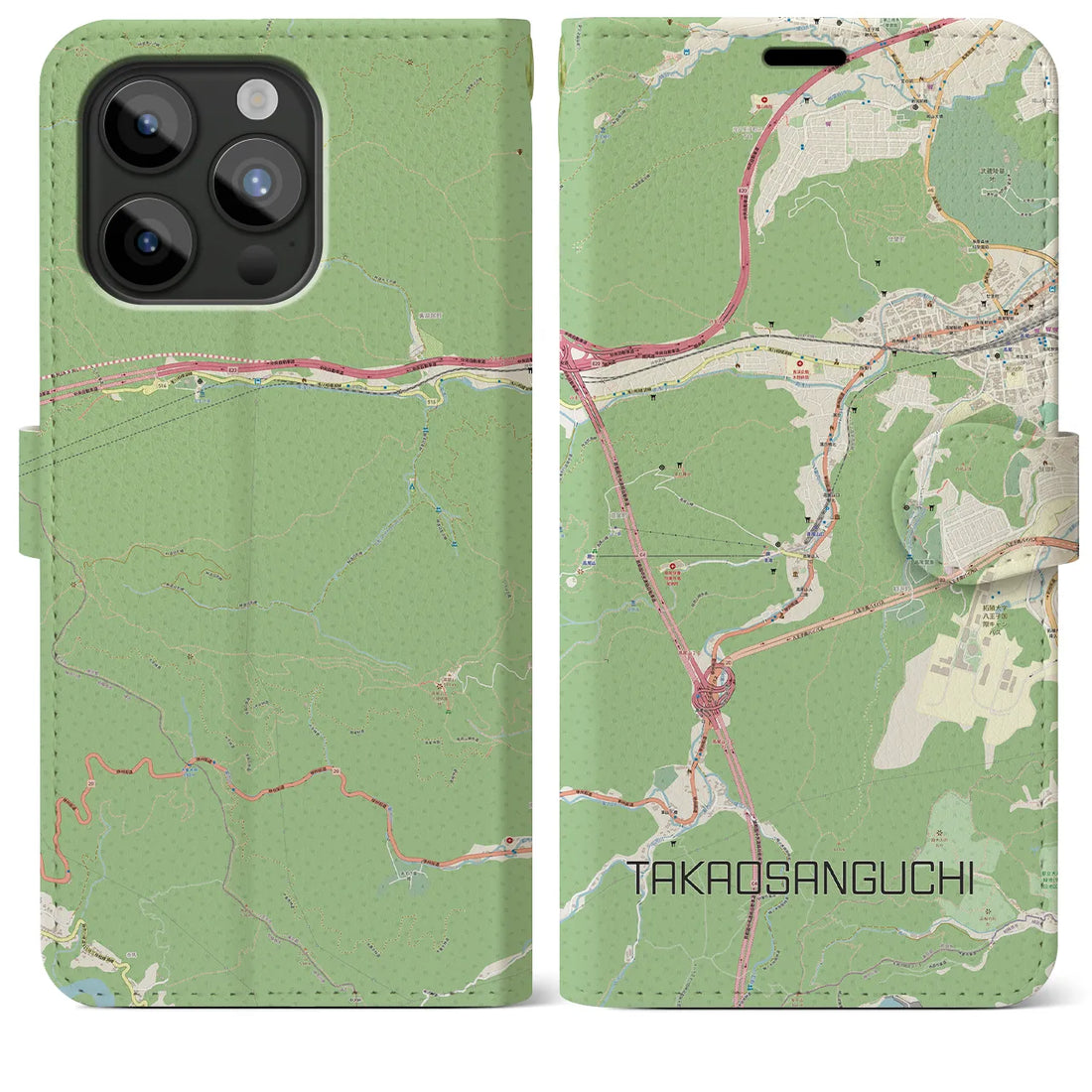 【高尾山口】地図柄iPhoneケース（手帳両面タイプ・ナチュラル）iPhone 15 Pro Max 用