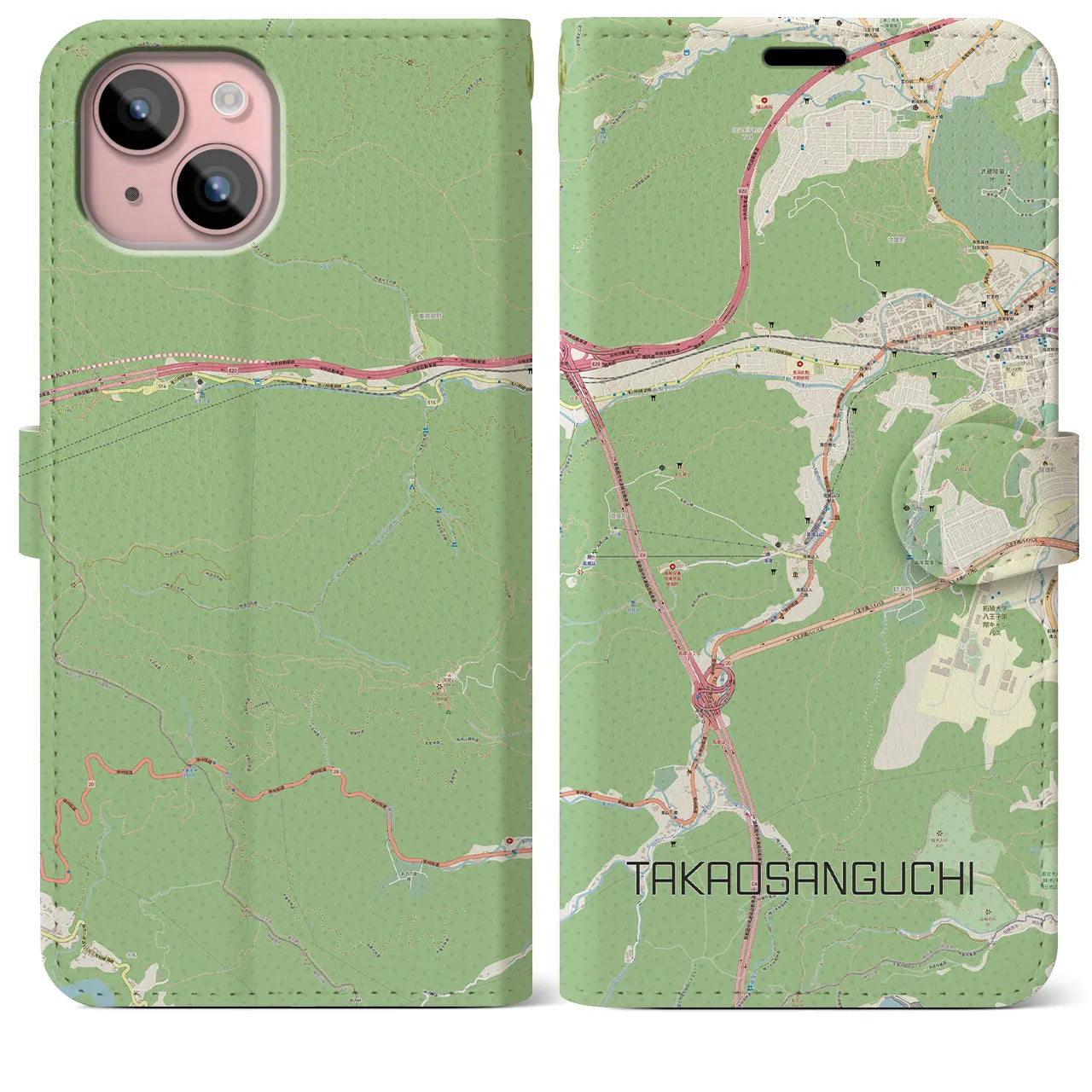 【高尾山口】地図柄iPhoneケース（手帳両面タイプ・ナチュラル）iPhone 15 Plus 用