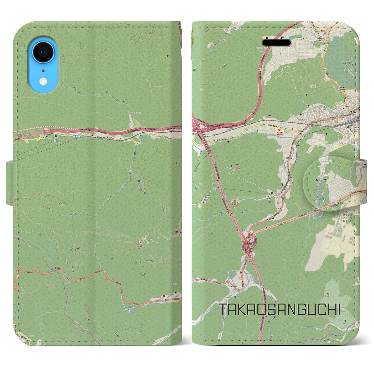 【高尾山口】地図柄iPhoneケース（手帳両面タイプ・ナチュラル）iPhone XR 用