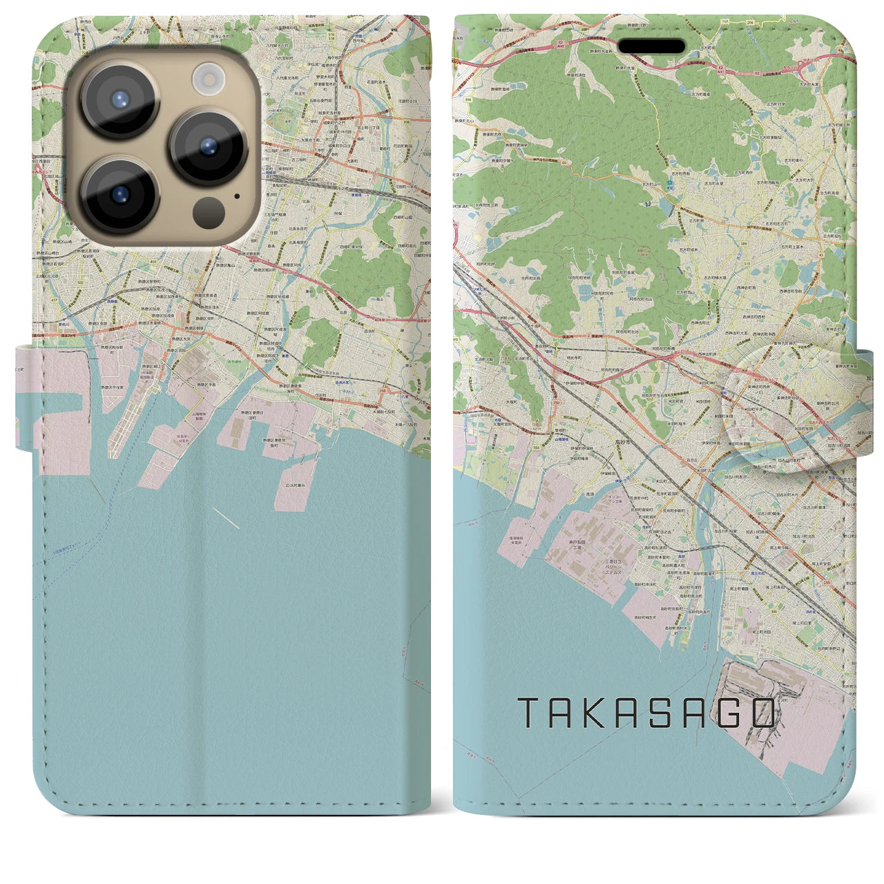 【高砂】地図柄iPhoneケース（手帳両面タイプ・ナチュラル）iPhone 14 Pro Max 用